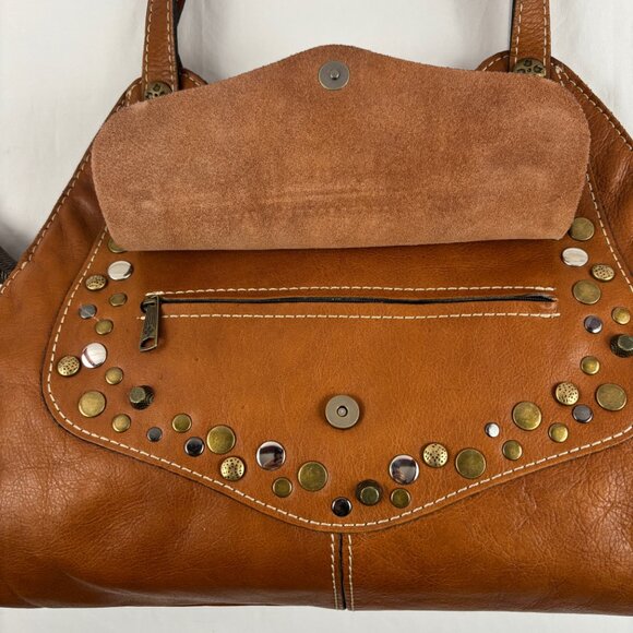 Patricia Nash Ergo Studded Leather Satchel Handbag Brown Cognac - Picture 6 of 15
